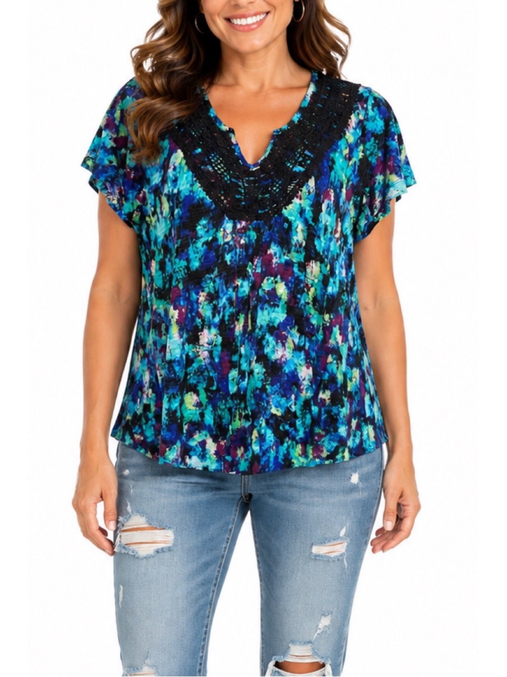 Cable & Gauge blouse with a colorful abstract print & black crochet V-neckline